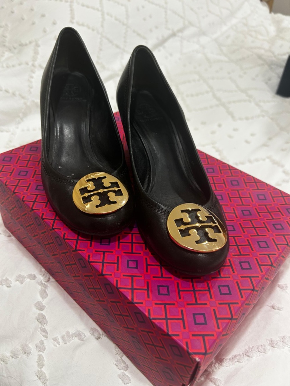 Tory Burch Black Leather Heels with Gold Logo Medallions